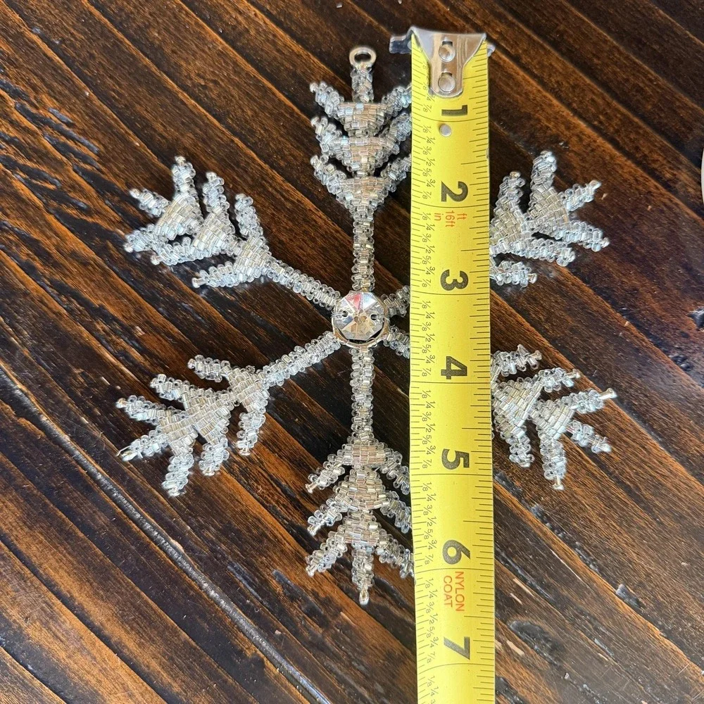 Silver Beaded Snowflake Bauble Ornament Glass Wire Rhinestone Christmas Decor
